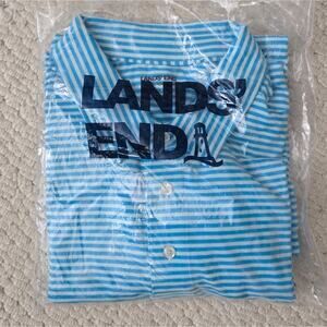 NWT LANDS END Blue and Aqua Striped Short Sleeve Polo Shirt Size L 42-44